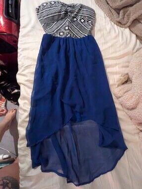 Strapless High-Low Dress with Geometric Bodice - Navy & Black/White